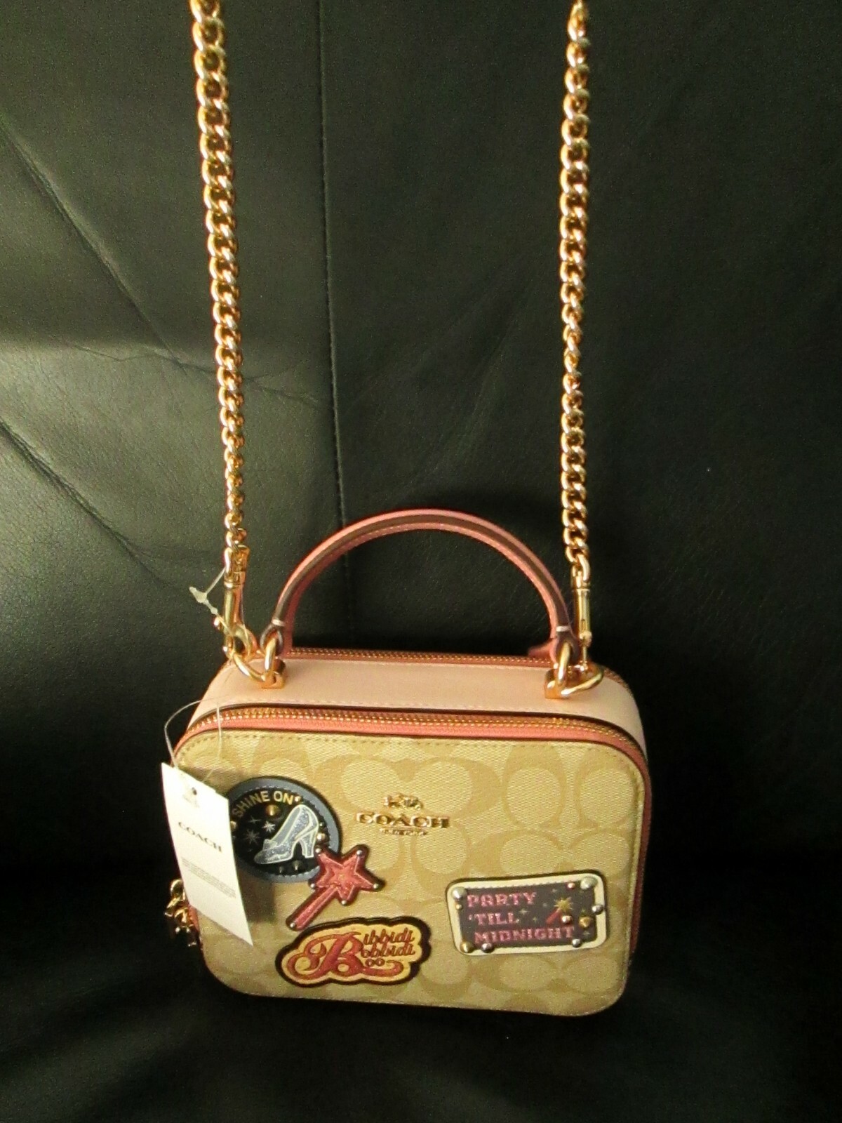 Rare Disney X  Coach Box Crossbody Purse Bag Cinderella Canvas Pink Patches image 5