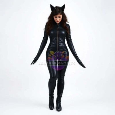 Womens Soft Leather Black Catsuit Front Zipper Fit Sexy Kink Women Jumpsuit Club