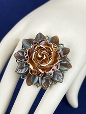 Art Ceramic Lucite 3D Brown Flower Ring Silver Tone Setting Adjustable Sizing