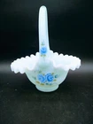 Fenton Blue Satin Glass Basket HP Roses Signed Fisher