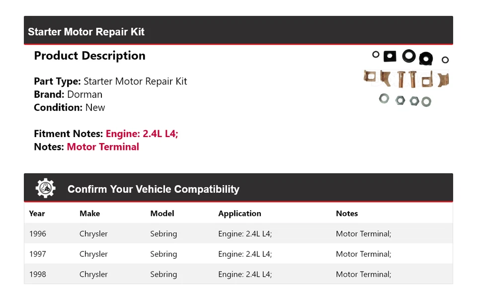 适用于 1996 - 1998 年克莱斯勒 Sebring 2.4 升 L4 Dorman 初学者电机维修套件 1997 — 第 2/4 张图片
