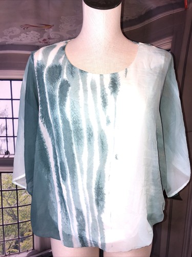Alfani M NWT Linear Dye Wing Sleeve Shirt Blouse Blouse Teal White - Picture 3 of 10