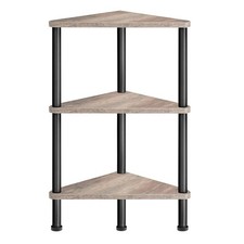 3-Tier Industrial Corner Shelf Stand, Greige, Black, Metal Frame, Bookshelf