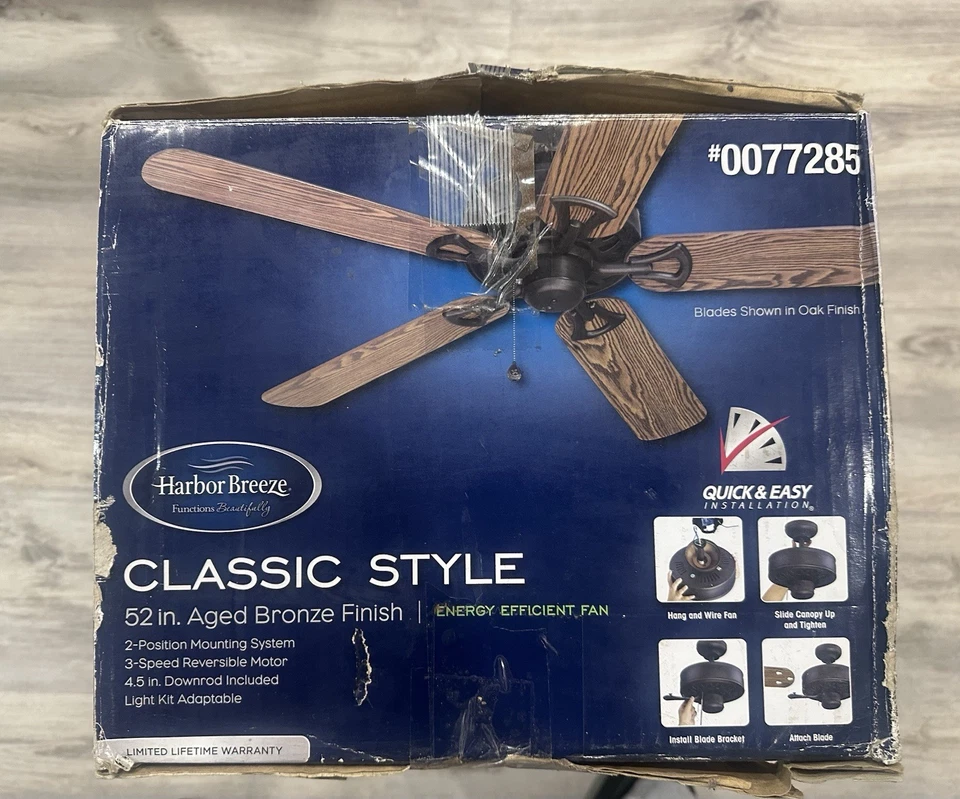 Harbor Breeze, Classic 52 Inch Aged Bronze Finish Ceiling Fan New In Box 77285. - Image 3 of 4