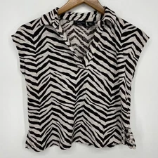 Tahari Blouse Women's Size S White Brown Zebra Print Sleeveless Linen