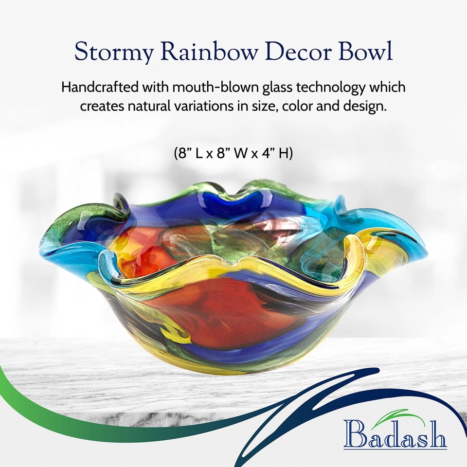 Badash Stormy Rainbow Art Glass - Murano-Style Art Glass Bowl Centerpiece - 8... - Image 4 of 4