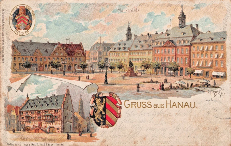 Hanau geprägte Ansichtskarte AK 1901 Altstädter Rathaus gold. Wappen Marktplatz - Bild 1 von 4