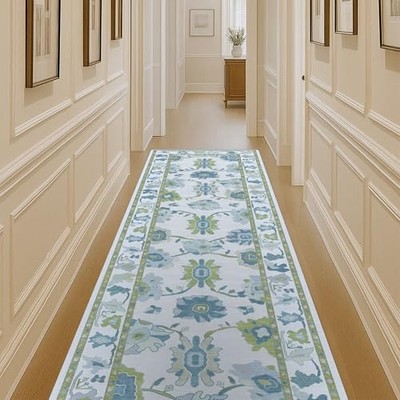  Green Oushak Runner Rug, Modern Runners, Vintage, Turkish, Eclectic, Floral, 