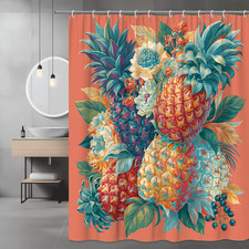 Tropical Floral Pineapple Shower Curtain Coral Background