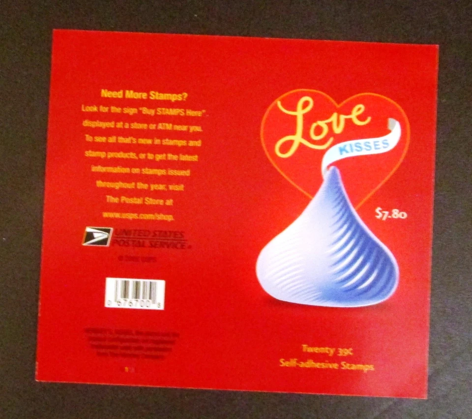 Una hoja de 20 estampillas de Hershey's LOVE KISSES 39¢ USPS y sobre primer día de emisión Foto 4 de 4