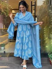 V-Neck Floral Printed Panelled Pure Cotton Anarkali Kurta with Trouser  Dupatta