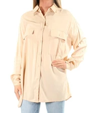 MAX STUDIO Womens Beige Pocketed Cuffed Collared Button Up Top XS