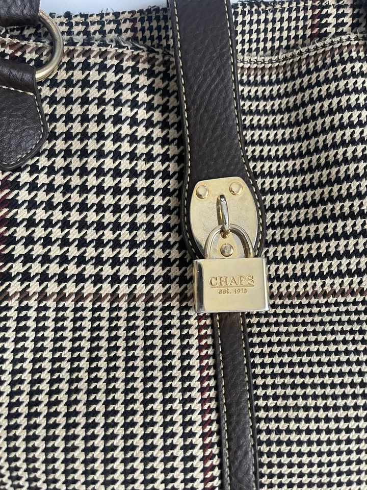 CHAPS Brown Herringbone Tote Shoulder Bag Handbag Purse Gold Hardware Preppy - Image 2 of 4