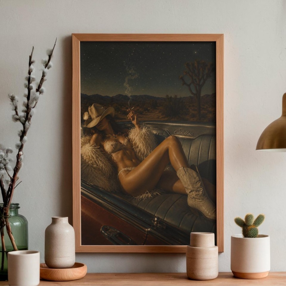 A smoking woman in a Cadillac against a desert sunset hits that perfect retro-glam-western Lana Del Rey aesthetic.