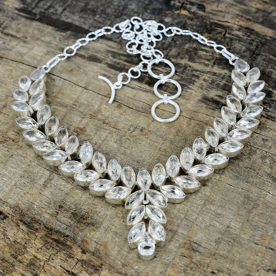Topazio Bianco Gemma Collana 925 Argento Sterling Massiccio Gioielli Regalo Per - Immagine 2 di 4