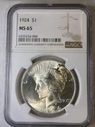 1924 Peace Silver Dollar $1 NGC MS65 - Glowing Luster! Gem+!