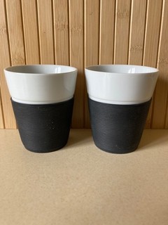 BODUM White Ceramic Mugs with Black Rubber Grips x 2