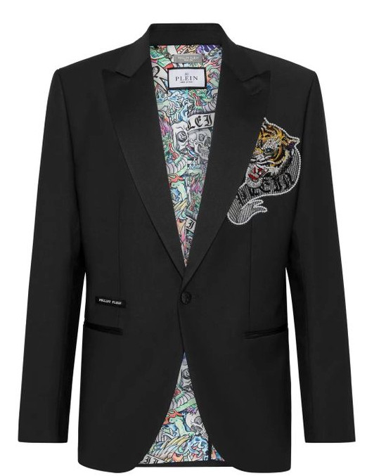 Philipp Plein Men's Black Tattoo-Appliqué Single-Brea Tiger Blazer Mens 56 NWT
