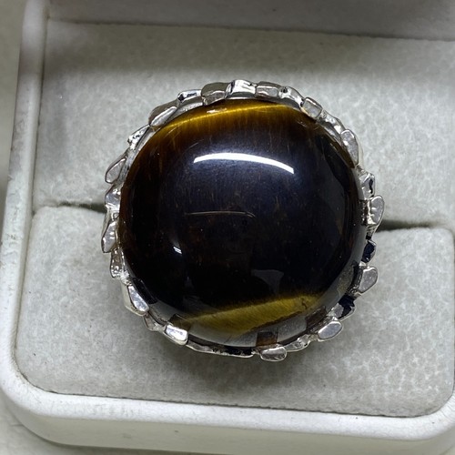 Big stone 925 Sterling Silver Men's Ring natural brown Tiger's Eye عين النمر - Picture 4 of 10
