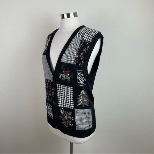 Vintage Susan Bristol Rose Floral Red Black White Knit Vest Women Small 1994 - Picture 7 of 7