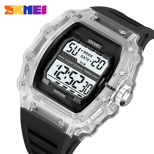 SKMEI Men Square Watch Fashion Transparent Case Wristwatch Male Silicone Watches - Picture 28 of 34