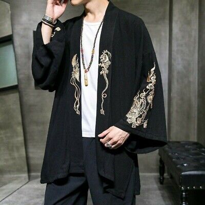 Les hommes japonais Yukata manteau kimono Outwear Vintage Baggy Tops Dragon Fashion Casual