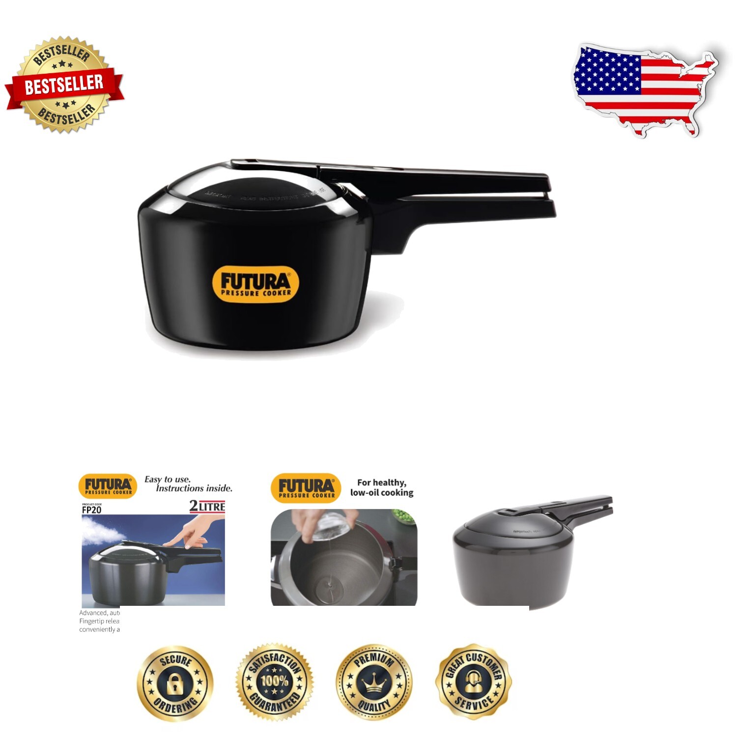 Futura Black 2L Pressure Cooker - Non-Reactive, Safe Cooking for Small Families