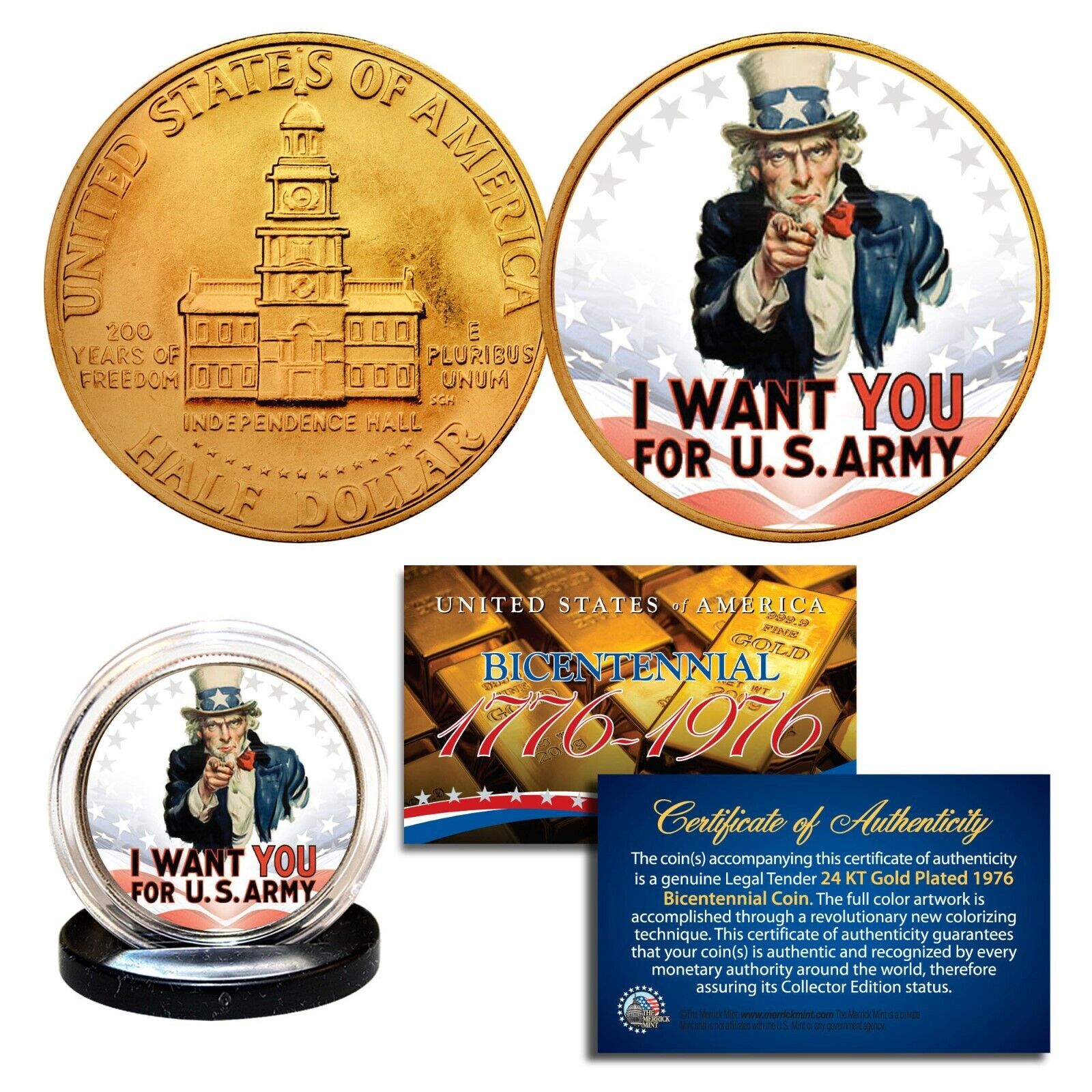 UNCLE SAM I Want You Army 1976 Bicentennial JFK Half Dollar 24K Gold Gilded Coin