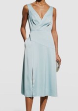 246 Aidan By Aidan Mattox Women's Blue V-Neck Pleated Satin Midi Dress Size 2