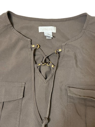 Chicos Secretly Smooth Linda Brown Lace-Up Blouse Shirt Roll Tab Sleeves Sz 0 S - Picture 4 of 5