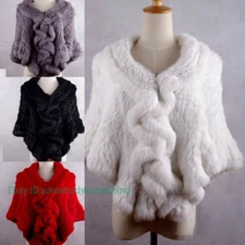 Women 100% Real Genuine Knitted Rabbit Fur Stole Cape Poncho Shawl Vintage Scarf