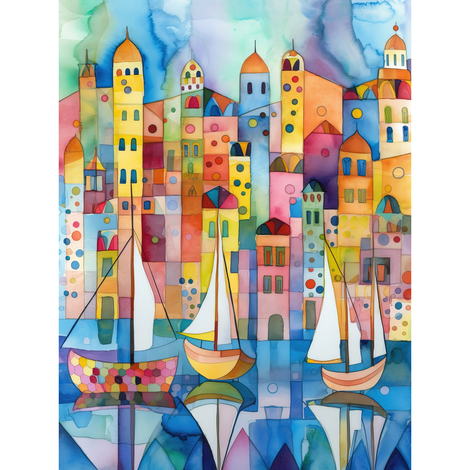 Modern Marina Colourful Cityscape Pattern Folk Art Wall Art Poster Print Giant