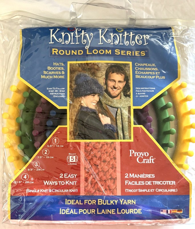 Provo Craft Knifty Knitter Series Set of 4 Round Looms Instructions & Needle