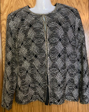 Laurence Kazar Heavily Beaded Silk Jacket Size L Black Wavy Silver Lined Party