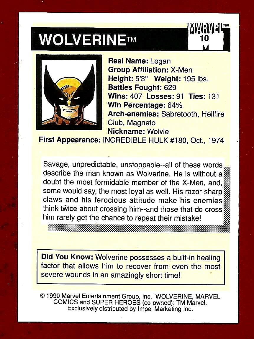 1990 Marvel Universe Series 1 Trading Card WOLVERINE # 10 SHARP B