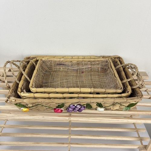 Set of 3 Vintage Raffia Straw Nesting Casserole Baskets Carriers Fruit Theme - Picture 5 of 7