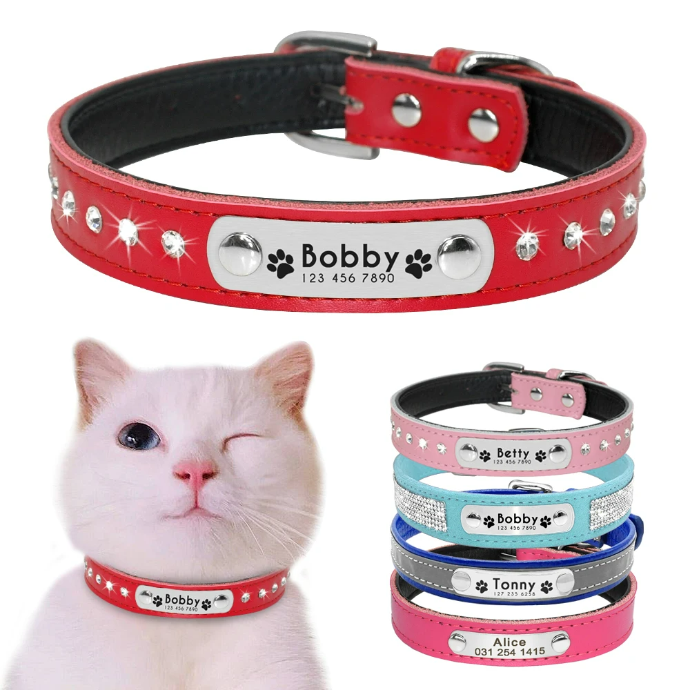 CUSTOM Leather Cat Collar Pet Small Dogs Puppy Kitten Engraved Nameplate Collars