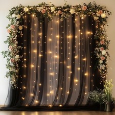 Tulle Backdrop Curtain with Lights String 10FT X 8FT Black Sheer Tulle Backdr...