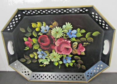 Vtg MCM E T  Nash co NY Floral Tole Tray 20''x15'' w Handles  HAND  Painted
