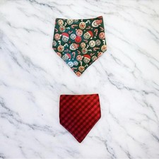DOG BANDANA - Smiley Christmas  Red Plaid Reversible - Size L Large