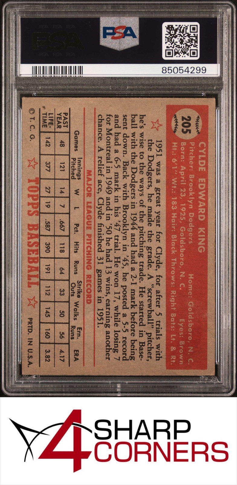 1952 TOPPS #205 CLYDE KING DODGERS PSA 4 view 2
