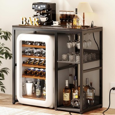 Mini Fridge Cabinet with Power Outlet, Coffee Bar Cabinet with Mini Fridge Sp...