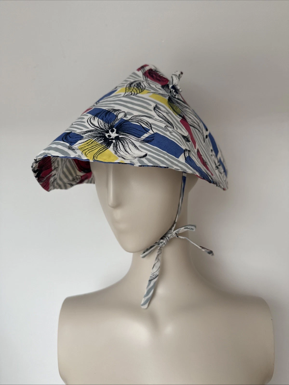Vintage Original 40s 50s Sun Hat Cotton Bonnet Bow Tie A Maugreen London