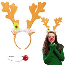Christmas Holiday Reindeer Antlers Headband w Light Up Nose One Size, 1 Pack