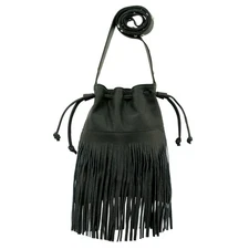 American West Womens Fringed Cowgirl Black Leather Bucket Bag OS