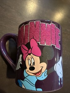 Disney  Minnie Mouse Ceramic Coffee Mug Tea Cup Purple Pink Glitter Logo 14 oz