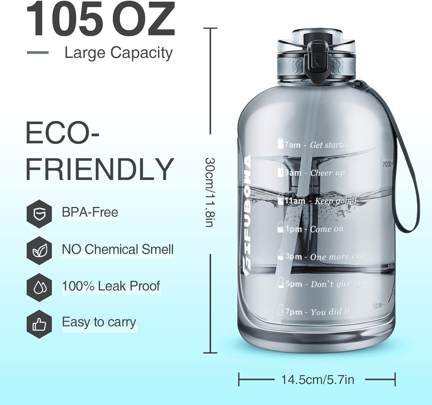 3L Goal Large Water Bottle with Handle BPA Free Leakproof Motivational Big Sport — image 2