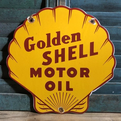 VINTAGE GOLDEN SHELL MOTOR OIL CLAM PORCELAIN SIGN GAS PUMP GASOLINE