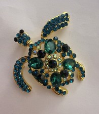 Goldtone Metal Sea Turtle Brooch Pin Green Crystals Aquatic
