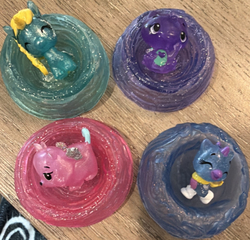 Set of 4 Animal Figurines - Unicorn, Cat, Dragon, Dinosaur, Glitter Bases